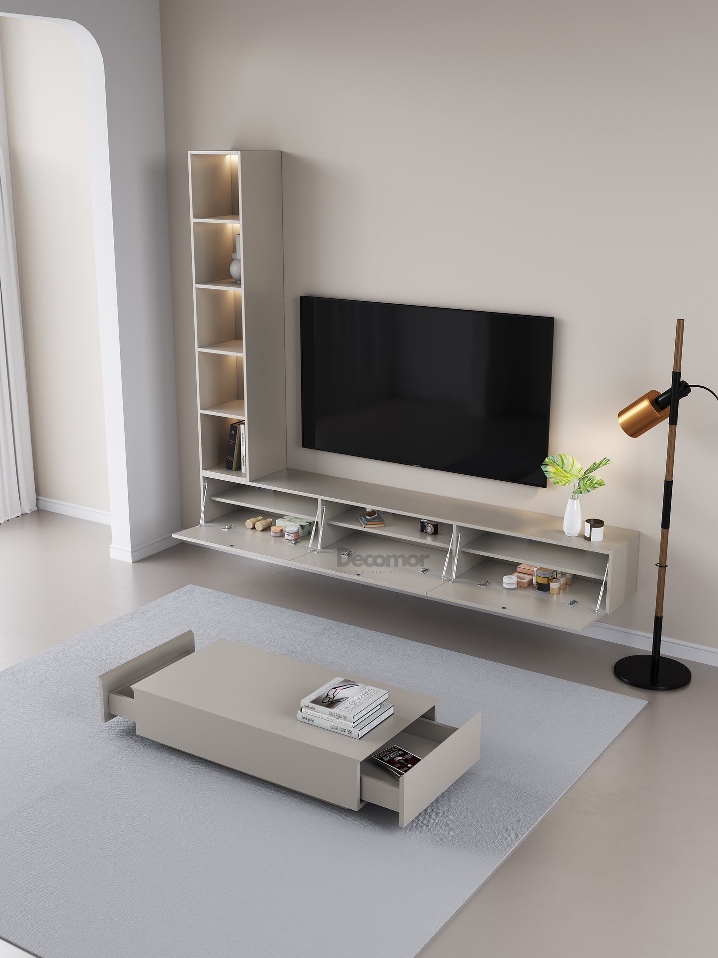 Chic Elegante Vakkenkast met LED – Japandi Beige – 200x40x40 cm