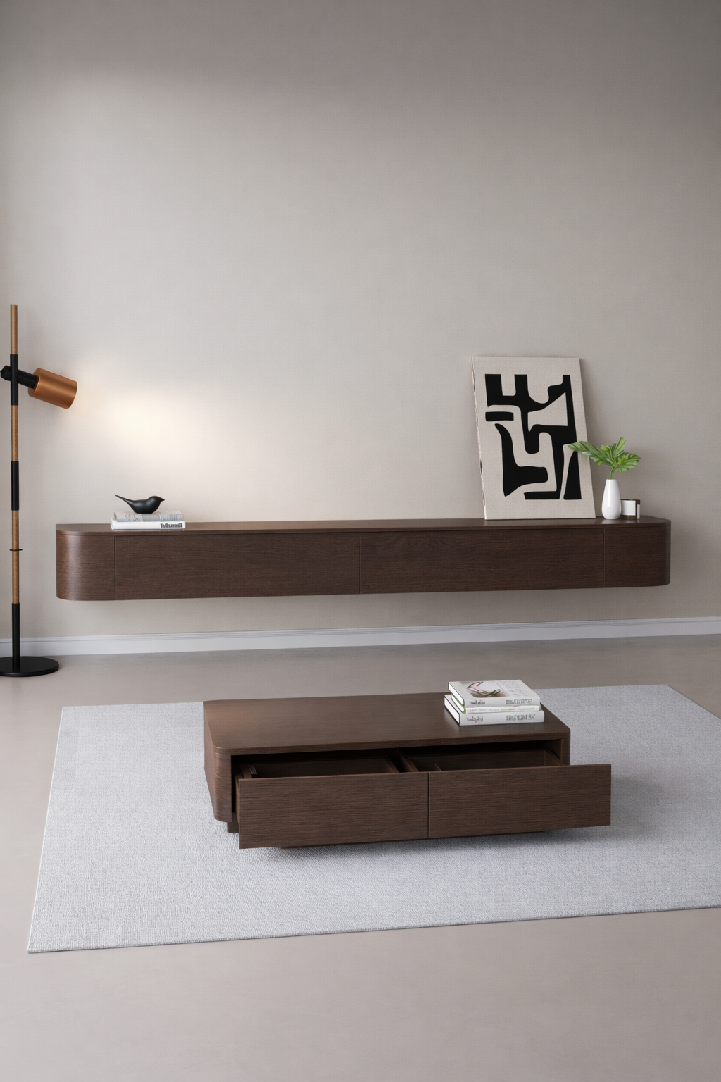 Chic Curve Ronde TV Meubel 180 cm – Zwevend – Walnoot Eiken