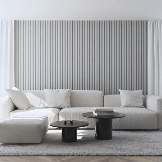 Akoestische wandpanelen - 280 x 60 cm - Wit Eiken met wit vilt - Lattenwand - Akupanel - 3 Zijdig Houtfineer