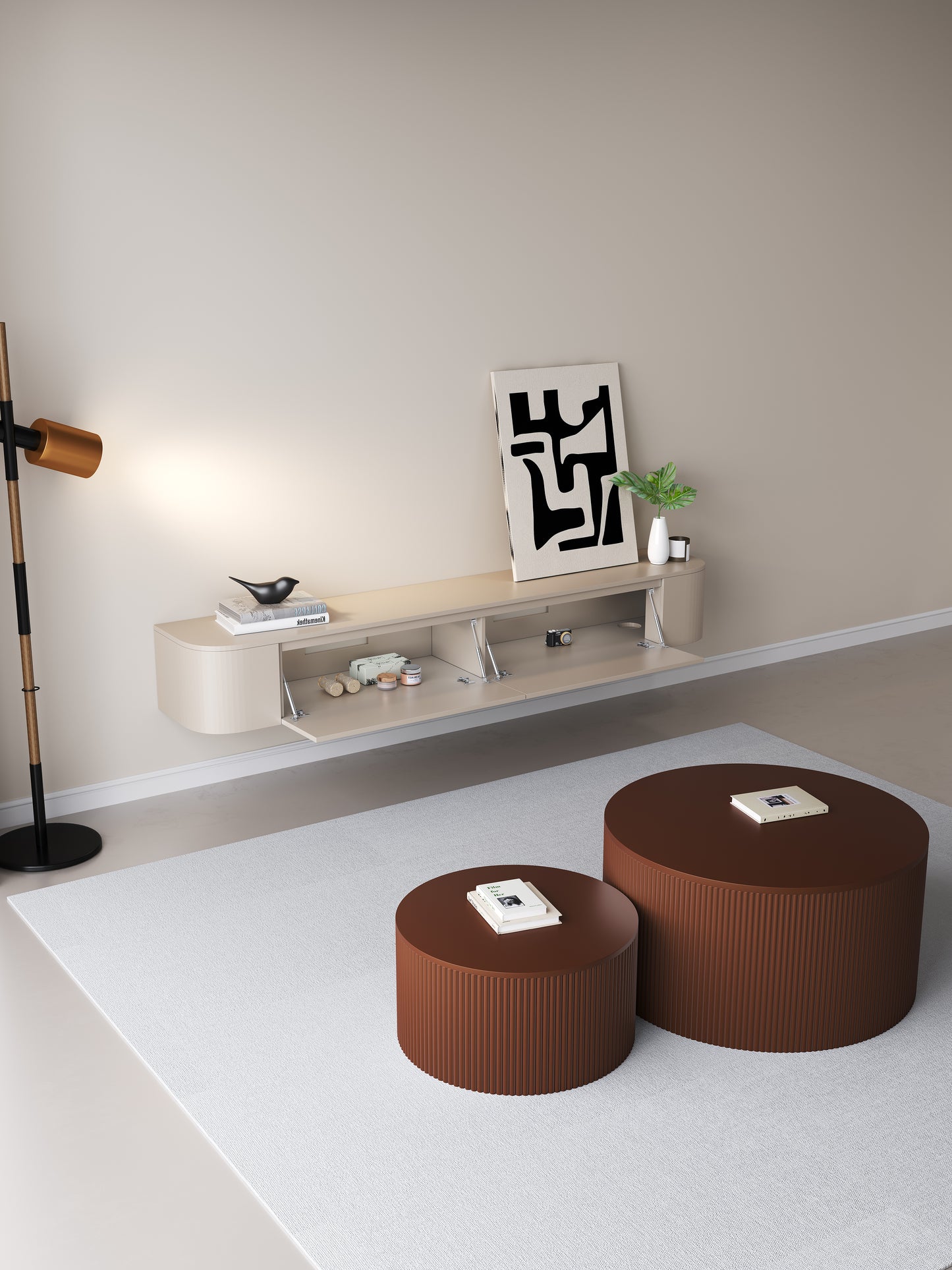 Chic Curve Ronde TV Meubel 180 cm – Zwevend – Japandi Beige